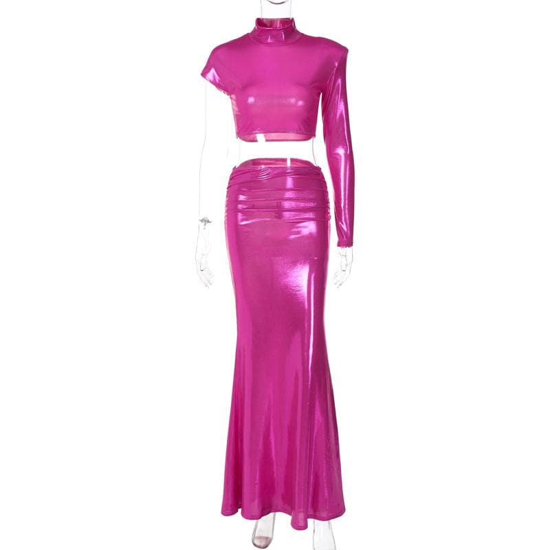 High neck irregular padded metallic maxi skirt set