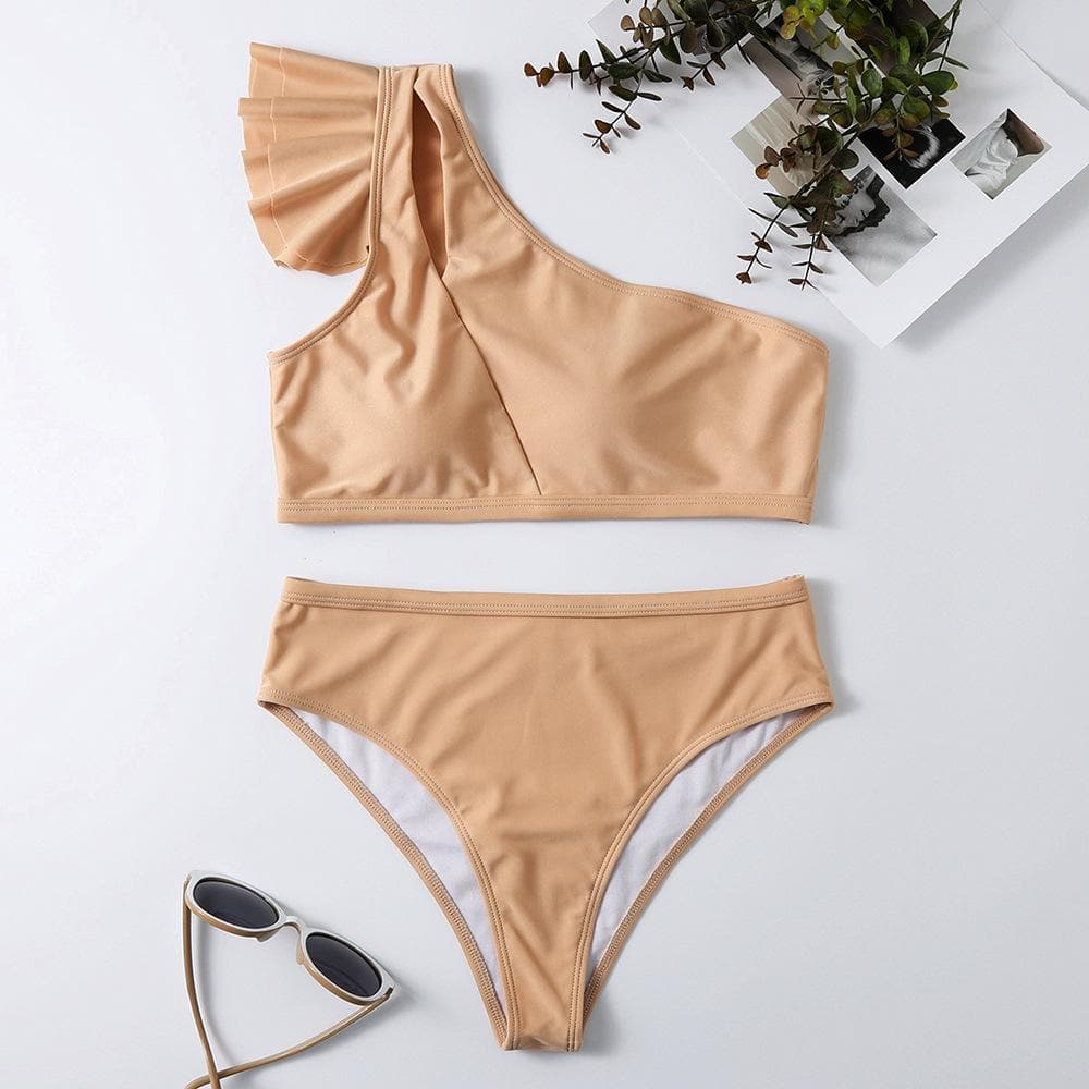 Traje de baño bikini de un solo hombro con volantes, liso, irregular, ahuecado 