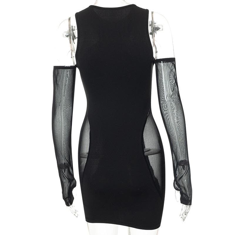 Mesh sleeveless solid gloves crewneck mini dress