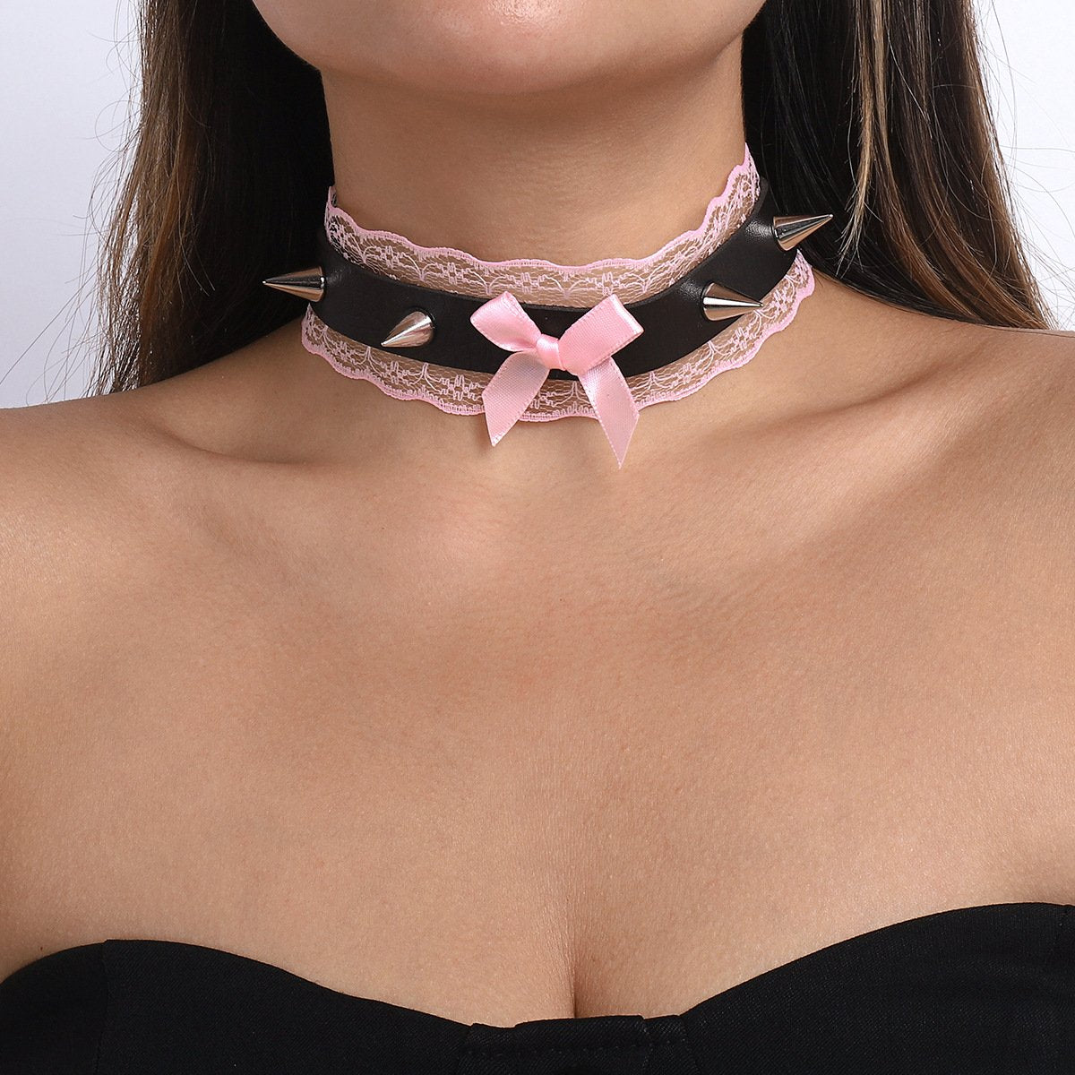 PU leather lace hem bowknot rivet decor chocker