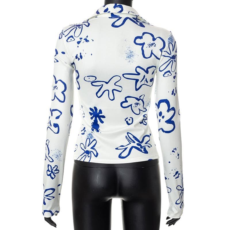 Turnover collar button contrast print long sleeve top