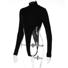 High neck long sleeve solid hollow out backless bodysuit