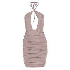 Hollow out ruched halter tie back bodycon dress