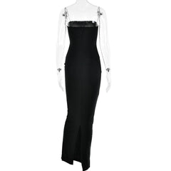 Metal chain square neck slit solid knotted maxi dress