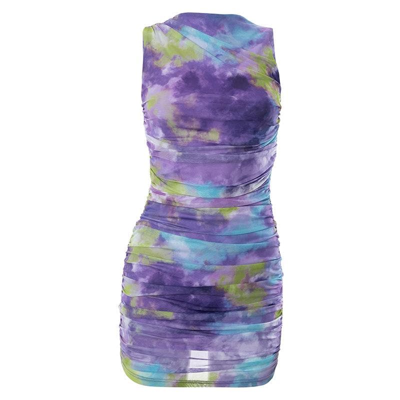 Vestido corto de malla con cuello redondo, sin mangas y efecto tie-dye fruncido - Rebajas 