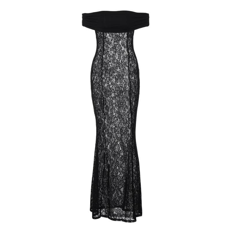 Lace off shoulder see through solid ruched maxi dress