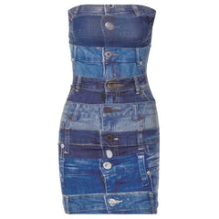 Rückenfreies Mini-Tube-Kleid mit Jeans-Print und Kontrast