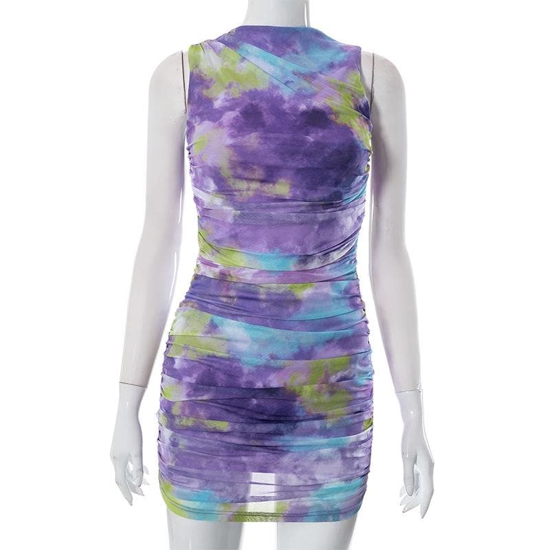 Vestido corto de malla con cuello redondo, sin mangas y efecto tie-dye fruncido - Rebajas 