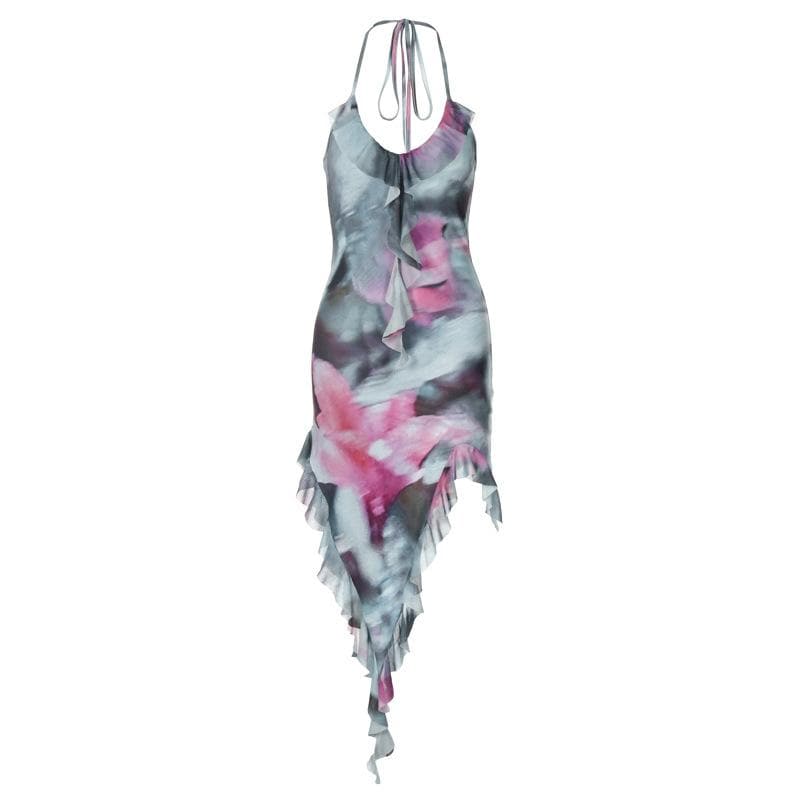 Ruffle halter irregular tie dye contrast backless mini dress