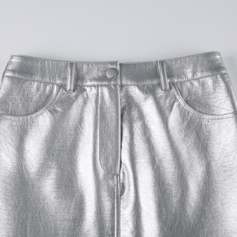 Solid metallic button pocket high rise mini skirt