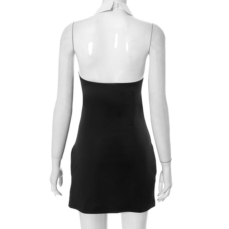 Turnover collar halter contrast button backless mini dress