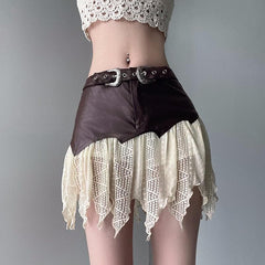 Irregular PU leather patchwork ruffle belt textured mini skirt