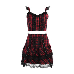 Lace hem ruffle lace up plaid smocked backless mini skirt set