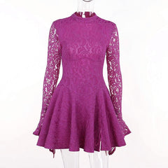 Lace hem long sleeve zip-up lace up backless solid ruffle mini dress