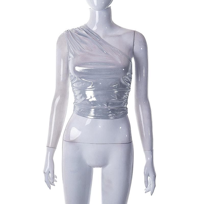 Unregelmäßig gerüschtes, metallisches One-Shoulder-Crop-Top 