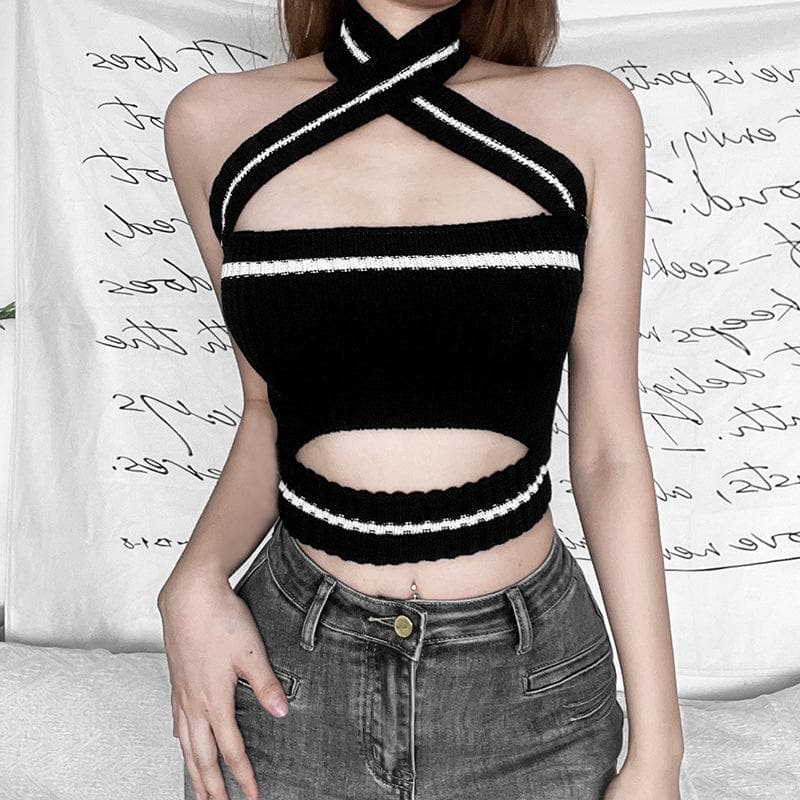 Knitted cross front halter contrast backless hollow out crop top