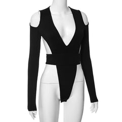 Hollow out long sleeve v neck backless solid bodysuit