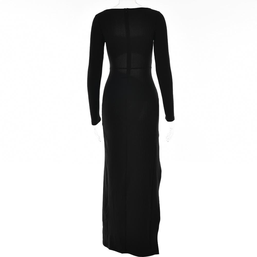 Long sleeve solid hollow out ruched slit knotted midi dress