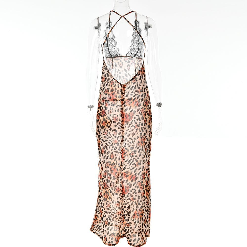 Cross back contrast leopard print v neck lace patchwork maxi dress