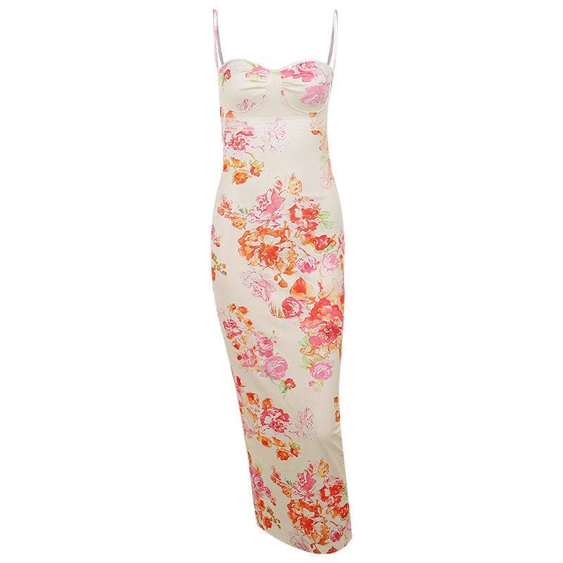 Lace hem sweetheart neck flower print contrast cami maxi dress