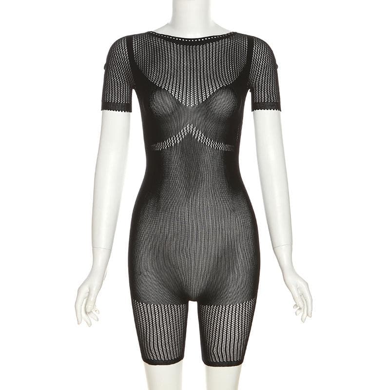 Fishnet short sleeve hollow out see through solid romper