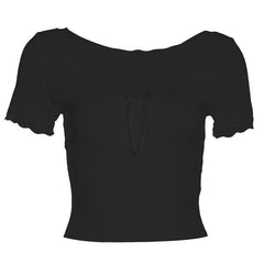 Lace hem solid short sleeve v neck bowknot crop top