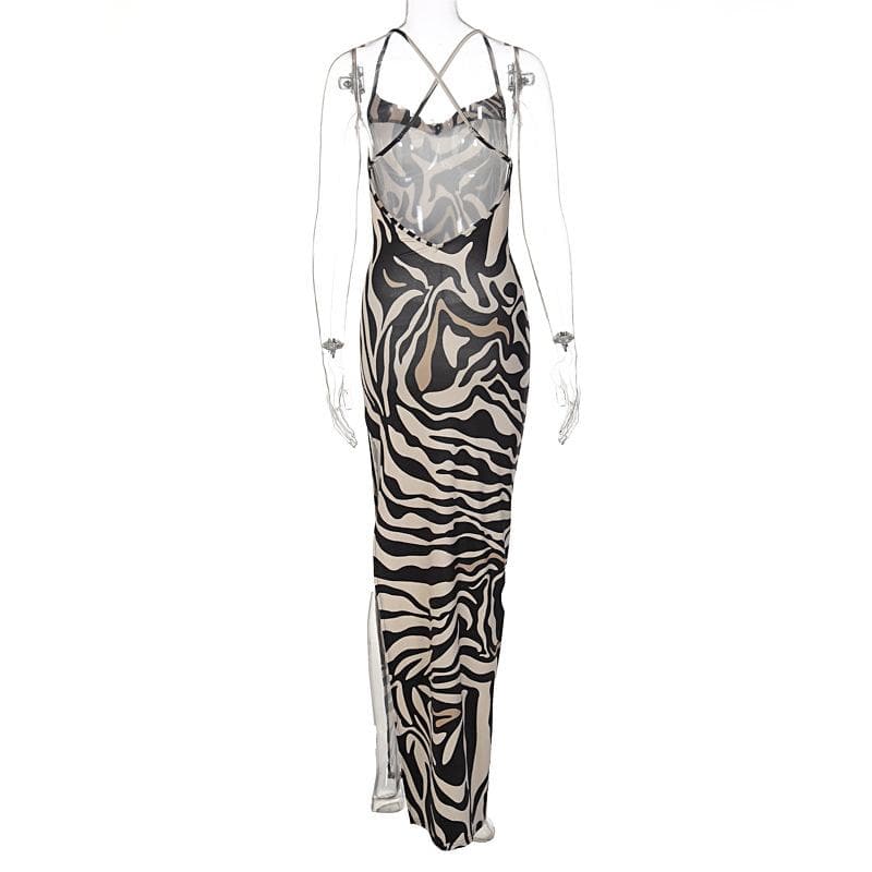 Zebra print hollow out contrast cross back slit backless maxi dress