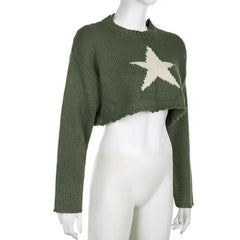 Knitted star pattern contrast long sleeve crewneck crop top