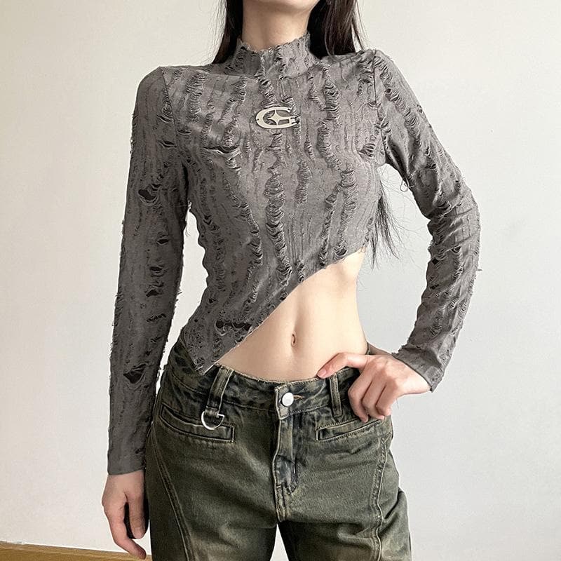 Irregular long sleeve metal tag textured high neck solid crop top