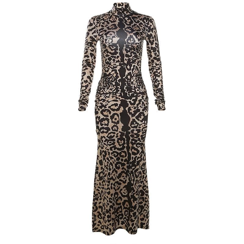 Leopard print contrast high neck long sleeve maxi dress