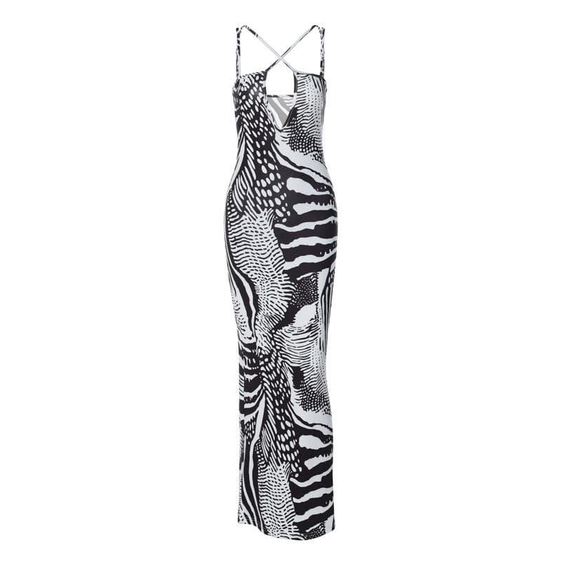 Contrast print cross front backless low cut maxi dress