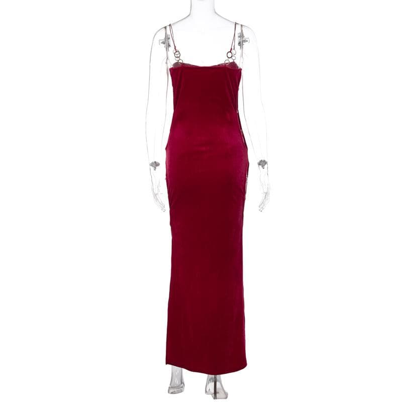 Velvet solid o ring hollow out slit backless maxi dress