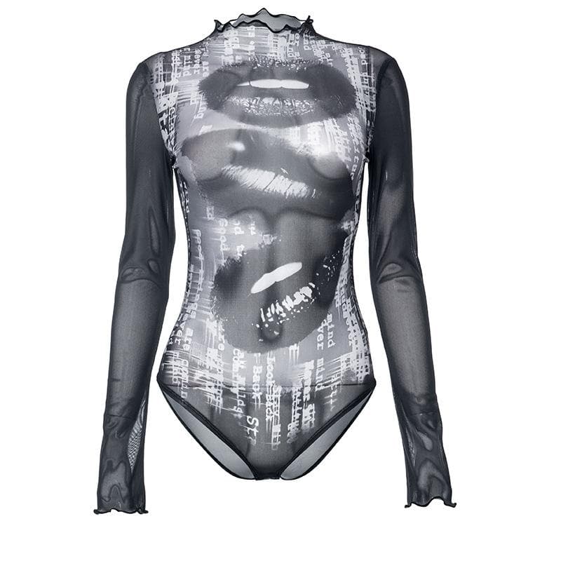 Transparenter Bodysuit aus transparentem Netzstoff mit Lippenabdruck und hohem Halsausschnitt und Rüschen