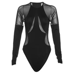 Einfarbiger Bodysuit mit langen Ärmeln und Rundhalsausschnitt im Mesh-Patchwork-Stil