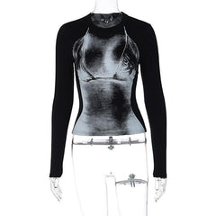 Long sleeve contrast body print crewneck top