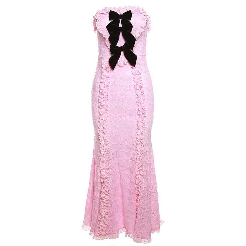 Lace contrast bowknot zip-up ruffle backless tube maxi dress