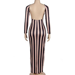 Vestido largo con cuello redondo en contraste, manga larga y espalda descubierta con estampado de rayas