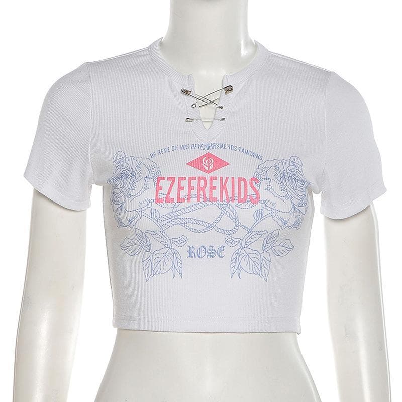 Geripptes Crop-Top mit kurzen Ärmeln und Print