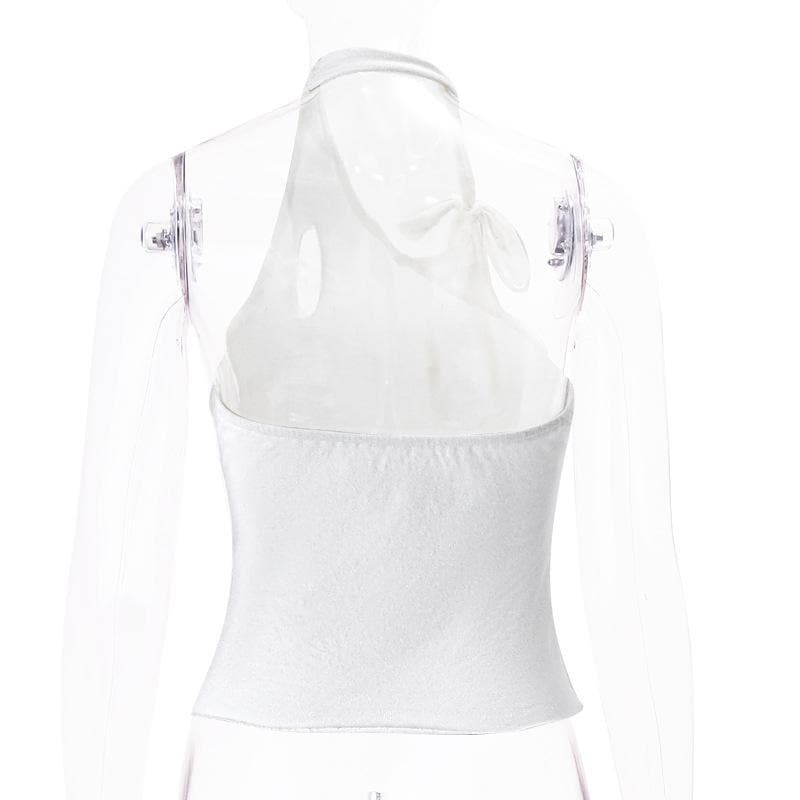 Unregelmäßig ausgehöhltes, rückenfreies Neckholder-Crop-Top zum Selbstbinden 