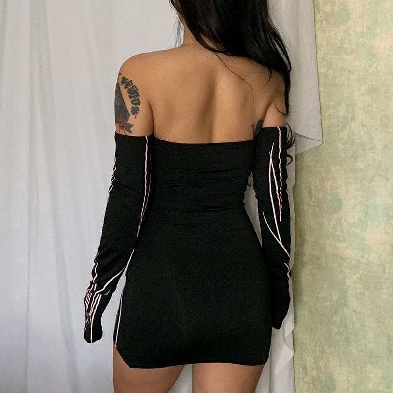 Contrast off shoulder long sleeve backless mini dress