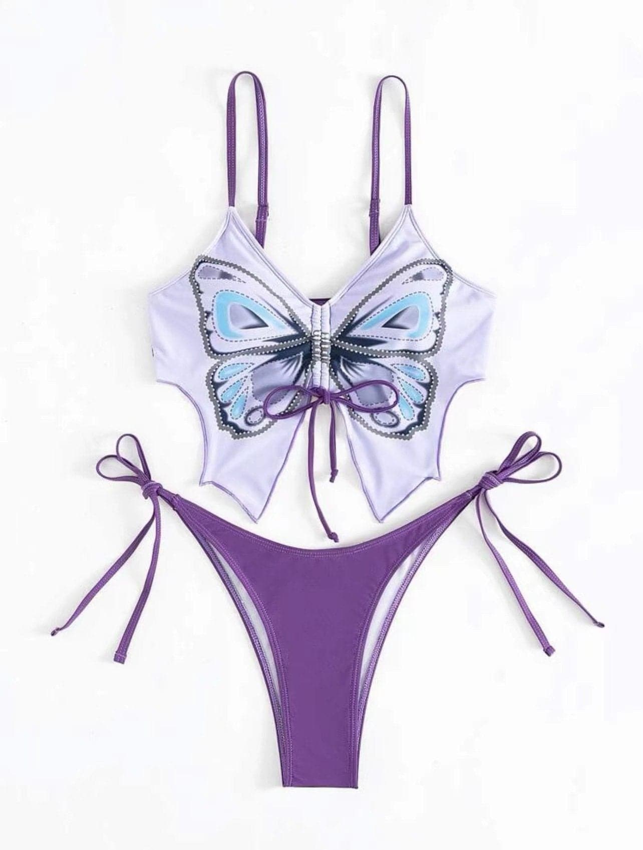 Traje de baño tipo bikini de tirantes con cordón ajustable en contraste y estampado de mariposas 