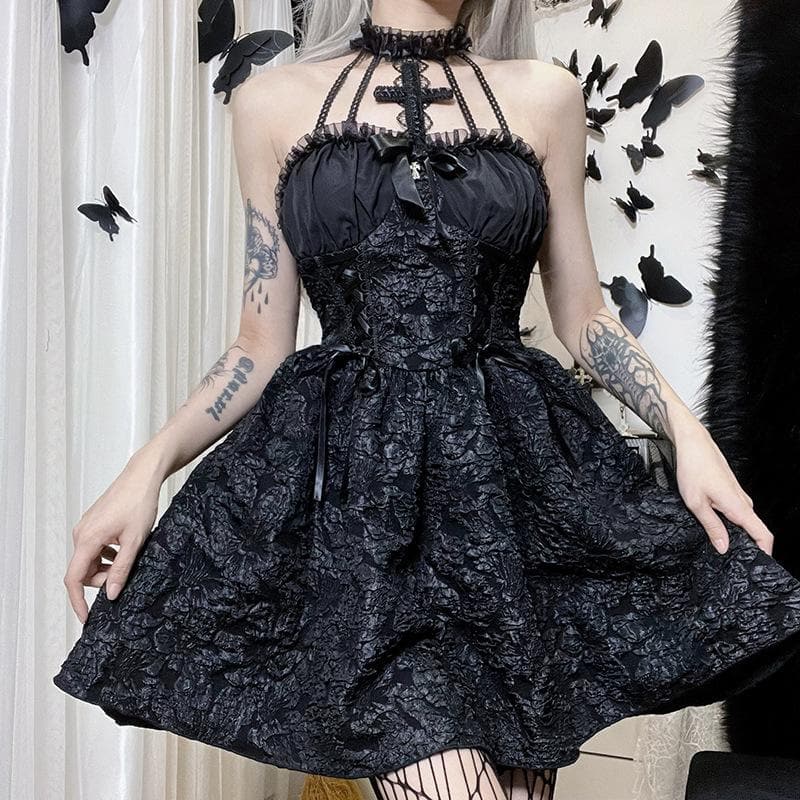 Textured cross applique ruffle halter zip-up lace up mini dress | victorian gothic dresses