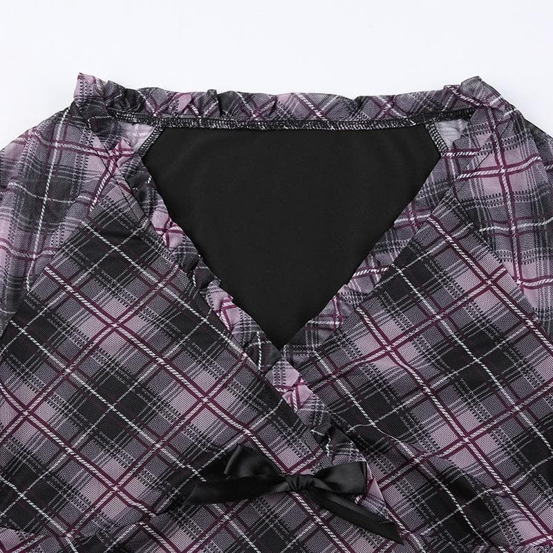 Plaid ruffle v neck mesh contrast top