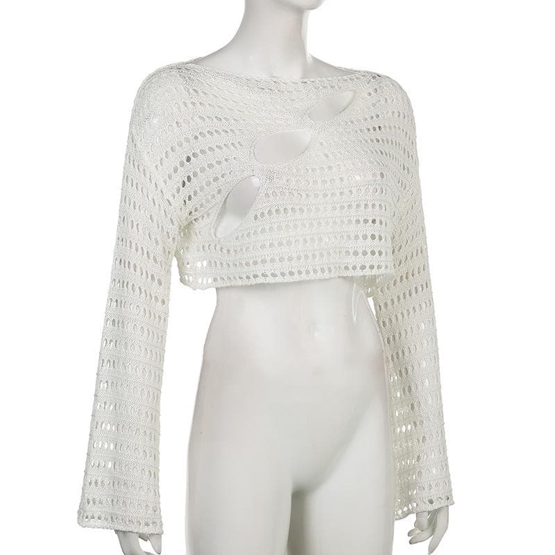 Knitted hollow out asymmetrical long flared sleeve crochet crop top