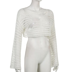 Knitted hollow out asymmetrical long flared sleeve crochet crop top