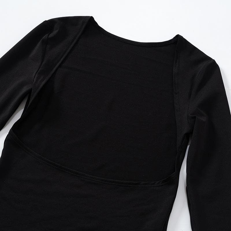 Hollow out solid long sleeve backless top