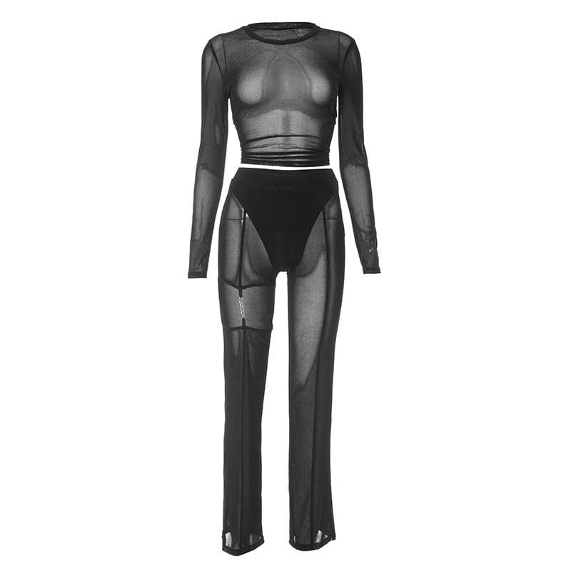 Mesh see through hollow out long sleeve solid pant set