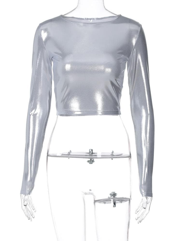 Long sleeve crewneck metallic solid crop top