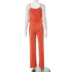 Strukturiertes, einfarbiges, rückenfreies, ärmelloses Camisole-Hosen-Set mit Rüschen