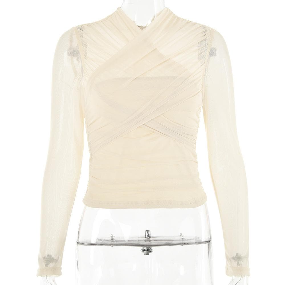 Cross front ruched mesh long sleeve solid top